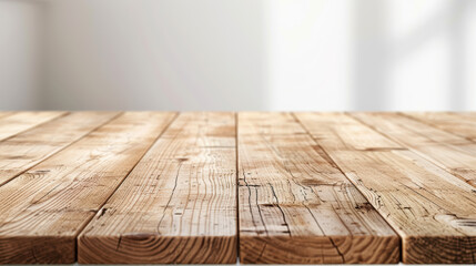 Poster - Rustic wooden table with natural texture and grains in an empty room with soft sunlight and a blurred white background, perfect for product displays.