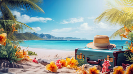 Wall Mural - Tropical Beach Scene With Suitcase, Hat, and Sunglasses