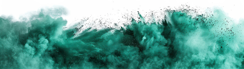Wall Mural - Explosive burst of green powder against a white background creating a dramatic and dynamic visual. Perfect for creative design or artwork concepts.