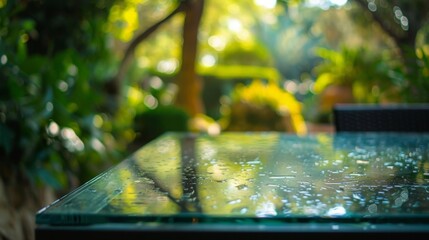 Aufkleber - A wet glass table sits in a garden with a blurred background of green trees and foliage.