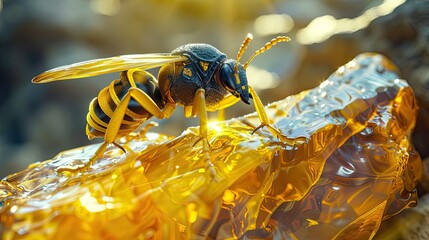 Close-up of a yellow and black insect sitting on a piece of amber, showcasing its unique beauty