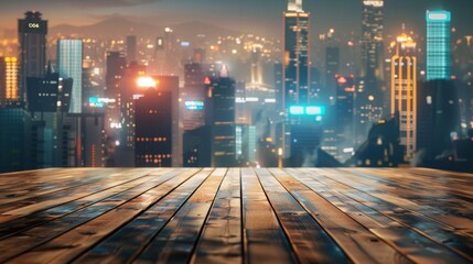 Poster - A wooden platform with a blurred cityscape in the background, lit by the glow of city lights at night.