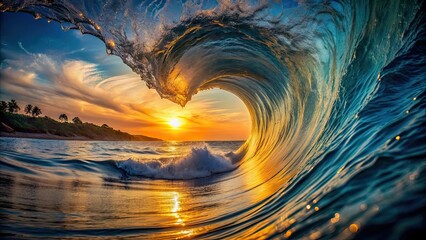 Wall Mural - Ocean wave forming a heart-shaped tube at sunset, wave, ocean, heart, tube, shape, love, romantic, sunset, beauty, water