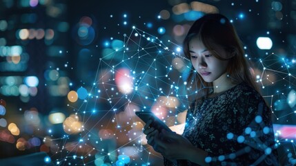 Woman using a smartphone with a digital network in the background