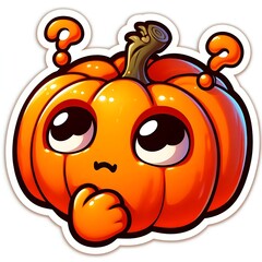 Cartoon pumpkin with puzzled expression and question marks. Halloween sticker with white border isolated on white background. Emotion concept for design and print