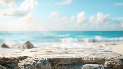 Poster - A weathered stone platform sits on a sandy beach, with a turquoise ocean and white clouds in the background.