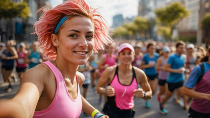 Young woman marathon runner wearing pink outfit is taking selfie while running in charity race for breast cancer awareness on the street in the city