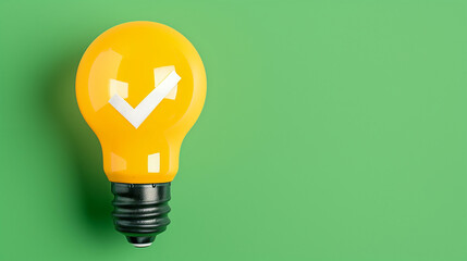 Poster - Light bulb with a check mark symbol on a vibrant green background. Focused on technology energy savings and modern design. Perfect for illustrating innovation and efficiency