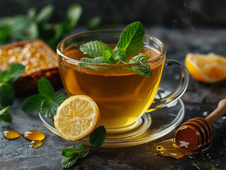 Sticker - A Cup of Steaming Mint Tea With Lemon and Honey