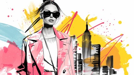 Wall Mural - Vibrant urban fashion sketch, showcasing a stylish woman in a chic outfit, surrounded by a bustling cityscape, detailed clothing textures and modern accessories