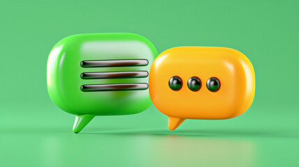 Poster - Colorful speech bubbles in green and yellow. Chat and communication icons symbolizing dialogue and interactions in a modern design style. Digital conversation elements representing messaging