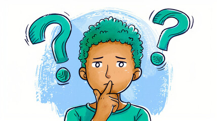 Poster - Person thinking deeply with a questioning expression. Curious individual surrounded by question marks pondering and reflecting on uncertainties. Illustration depicting contemplation
