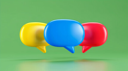 Poster - Colorful Speech Bubbles Representing Communication in Digital Conversations. Vibrant Yellow Blue and Red Chat Icons on a Soft Green Background. Perfect for Visualizing Dialogue and Interaction