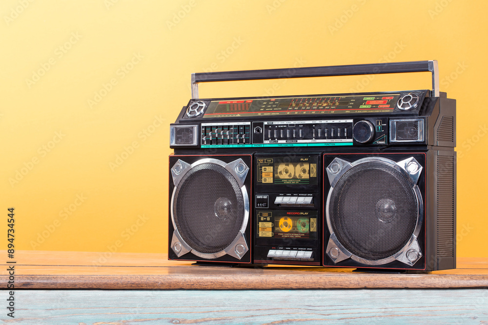 Boombox radio stereo cassette recorder on vintage oak table front ...