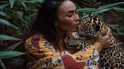 Wall Mural - A woman is hugging a baby jaguar