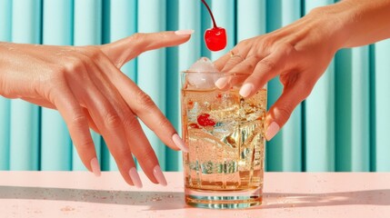 Wall Mural - A colorful cocktail with ice and a cherry on top, on a pastel pink table in front of a blue wall