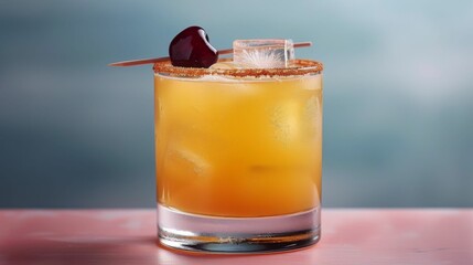 Wall Mural - A colorful cocktail with ice and a cherry on top, on a pastel pink table in front of a blue wall