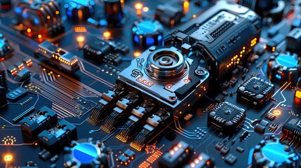 Poster - Close-up of a microchip on a motherboard, illustrating technology, electronics, and engineering. High-resolution macro of circuit components.