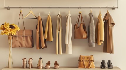 Basic womens autumn wardrobe with shoes and handbags on hanger