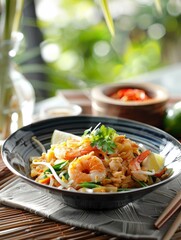 Delicious, fresh Pad Thai, beautiful serving, exquisite decor, light interior, staged professional photography, food photography