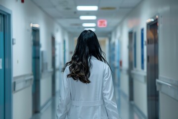 Wall Mural - A female doctor wearing white coat walking in the hospital corridor, looking at camera, shot from behind, low angle view, stock photography style, photo taken with Sony Alpha A7 III, photography, 