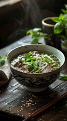 Delicious, fresh Pho, beautiful serving, exquisite decor, light interior, staged professional photography, food photography 