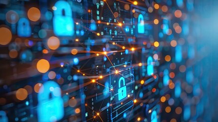 Poster - Abstract digital network background with glowing blue lock icons symbolizing data security and cybersecurity concepts.