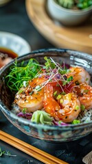 Delicious, fresh Poke with shrimps, beautiful serving, exquisite decor, light interior, staged professional photography, food photography 