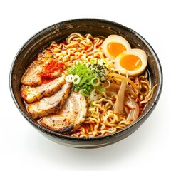 Wall Mural - Delicious, fresh Ramen, beautiful serving, isolated on white background, staged professional photography, food photography