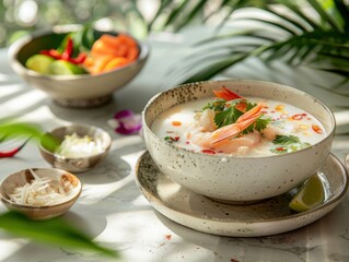 Wall Mural - Delicious, fresh Tom Kha, beautiful serving, exquisite decor, light interior, staged professional photography, food photography