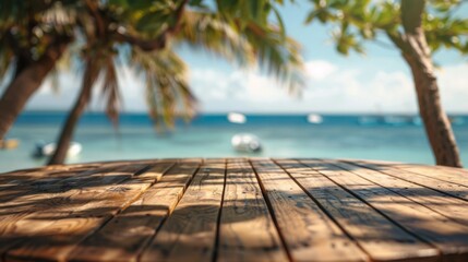 Poster - A wooden table sits in front of a tropical beach scene, palm trees cast shadows on the tabletop, and the ocean and sky are visible in the blurred background.