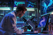 © Olena Kapinus - a scientist in a white lab coat examining a DNA sample under a high-tech microscope. The lab environment should include advanced DNA research equipment, glowing monitors displaying genetic sequences