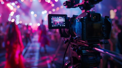 Poster - A video camera films a blurry crowd at a brightly lit event, the scene bathed in pink and purple lighting.