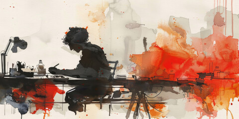 A person sits at a desk, writing with a pen in front of a red and orange watercolor background