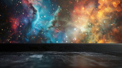 Aufkleber - A dark, textured floor with a blurred background of a colorful galaxy.