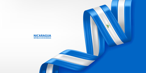 Wall Mural - Nicaragua 3D ribbon flag. Bent waving 3D flag in colors of the Nicaragua national flag. National flag background design.