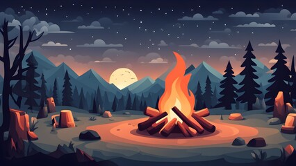 flat illustration of campfire night landscape