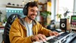 © Pinklife - A cheerful young man in a yellow jacket and grey shirt is playing a keyboard while wearing headphones. The studio background is filled with musical equipment and plants.