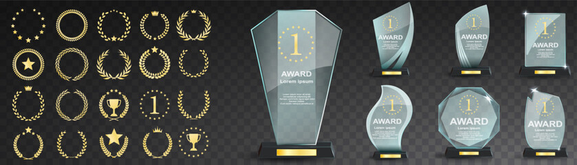 glass award trophy set. transparent prize template. winner first place concept. vector illustration.