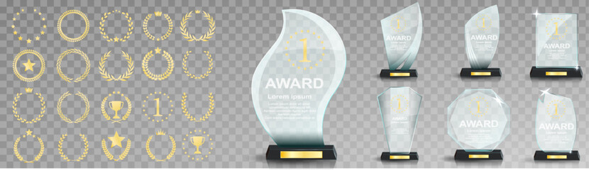 Sticker - Glass award trophy set. Transparent prize template. Winner first place concept. Vector illustration. Winner glass trophy. First place award, crystal prize and signed acrylic trophies. Glass awarding