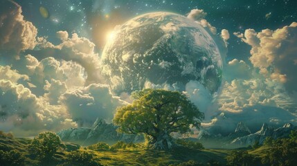 Wall Mural - A stunning digital painting of a fantastical alien world with a large tree, mountains, and a Moon-like planet in the sky, creating a mystical atmosphere.