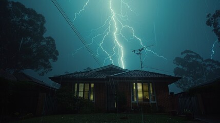 Wall Mural - Lightning strikes power lines near a suburban home during a thunderstorm, illuminating the sky dramatically. Trees, neighbor's house, and stormy clouds complete the scene.