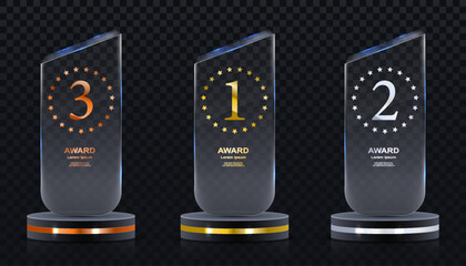 Wall Mural - Glass award trophy set. Transparent prize template. Winner first place concept. Vector illustration. Winner glass trophy. First place award, crystal prize and signed acrylic trophies. Glass awarding