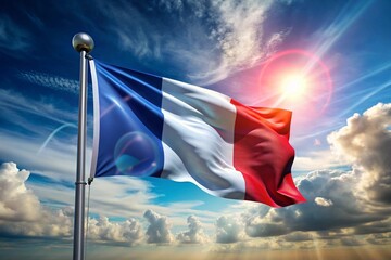 Wall Mural - July 14th is the National Day of France. The national flag of France on a blue sky background. Tricolour.