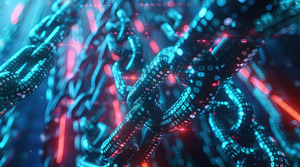 Poster - Concept digital blockchain technology. Blockchain chain with digital network and binary code. Smart network connection. Blockchain technology and cyber security. Global network technology. Futuristic 