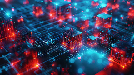 Technology background. Abstract and futuristic depiction of a digital technology network connection in a big. Abstract digital background with glowing network connections and blocks. AI