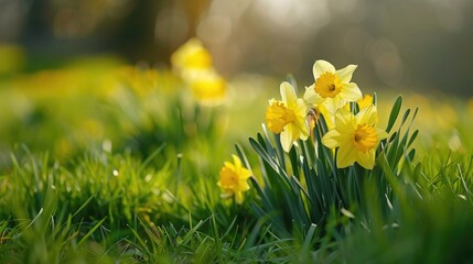 Canvas Print - Vertical photo of daffodils in lush grass