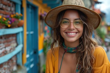 Happy Tourist Smiling in Colorful Bogota Street