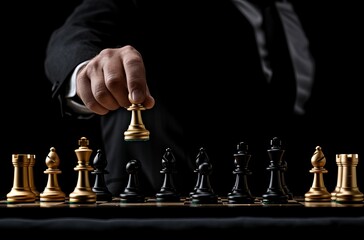 Wall Mural - Hand with king chess. Chessboard game victory. Man planning checkmate. Success business strategic win. Intelligence businessman leadership. Management leader. Challenge and competition