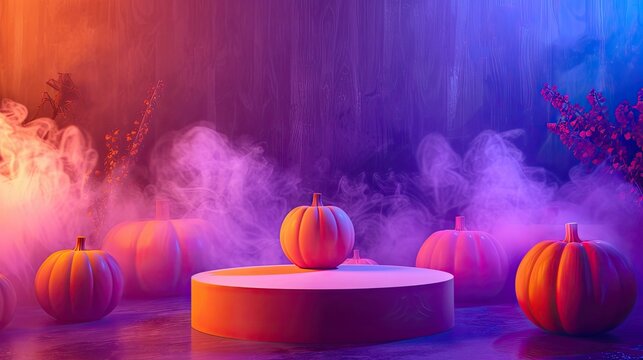 Halloween product background with an orange podium, pumpkins, and purple fog for a festive and spooky display